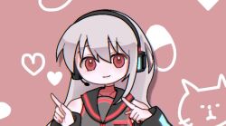 1girl bare_shoulders black_sailor_collar cat_symbol closed_mouth dancing detached_sleeves glowing_clothes grey_hair grey_shirt headset heart long_hair long_sleeves looking_at_viewer mttskkbimkhrkn okusuri_nonde_neyou_(vocaloid) pill pink_background pointing pointing_to_the_side red_eyes red_undershirt sailor_collar shirt smile solo sukone_tei turtleneck turtleneck_shirt upper_body utau