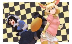Rule 34 | 10s, 2girls, :3, animal ears, arm at side, black eyes, black hair, blonde hair, bow, bowtie, brown eyes, checkered background, closed mouth, common raccoon (kemono friends), cowboy shot, fang, fennec (kemono friends), fox ears, fox tail, fur collar, gloves, grey hair, half-closed eyes, hand up, hands up, highres, intertwined tails, kemono friends, looking at another, looking back, multicolored hair, multiple girls, open mouth, pink sweater, raccoon ears, raccoon tail, short hair, short sleeves, skirt, smile, standing, striped tail, sweater, tail, thighhighs, upper body, wokue, zettai ryouiki