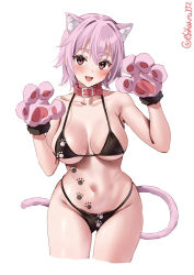 Rule 34 | 1girl, animal ear fluff, animal ears, animal hands, bare shoulders, bikini, black bikini, blush, breasts, breasts apart, cat ears, cat tail, collar, collarbone, cropped legs, ebifurya, fang, fur-trimmed gloves, fur trim, gloves, gluteal fold, hair between eyes, hands up, highres, kantai collection, large breasts, looking at viewer, medium hair, navel, one-hour drawing challenge, open mouth, paw gloves, paw print, pink gloves, pink hair, print bikini, red eyes, sidelocks, simple background, smile, solo, stomach, strap gap, swimsuit, tail, tama (kancolle), thighs, twitter username, underboob, white background, wide hips