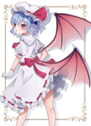 Rule 34 | 1girl, bat wings, blue hair, blush, commentary request, dress, feet out of frame, gloves, hat, hat ribbon, highres, looking at viewer, mob cap, munari yugi, open mouth, red eyes, red ribbon, remilia day, remilia scarlet, ribbon, short hair, short sleeves, simple background, solo, touhou, white background, white dress, white gloves, white hat, wings