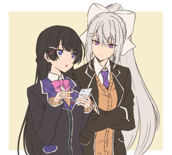 Rule 34 | 2girls, black hair, black jacket, blazer, blue eyes, bow, bowtie, braid, breasts, brown vest, cellphone, closed mouth, collared shirt, commentary, crossed arms, expressionless, french braid, hair between eyes, hair bow, hair ornament, hairclip, highres, higuchi kaede, higuchi kaede (1st costume), holding, holding phone, jacket, long hair, long sleeves, looking at another, medium breasts, multiple girls, necktie, nijisanji, open mouth, phone, pink neckwear, ponytail, purple eyes, purple neckwear, school uniform, shirt, silver hair, simple background, smartphone, straight hair, talunilu uu3, tsukino mito, tsukino mito (1st costume), uniform, upper body, vest, virtual youtuber, white shirt, wing collar, yellow background