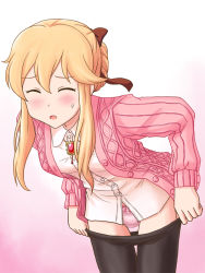 Rule 34 | 1girl, black ribbon, blonde hair, blush, bow, bow panties, brooch, cardigan, clarice (idolmaster), closed eyes, clothes pull, commentary, cowboy shot, crotch seam, dress shirt, facing viewer, frown, hair ribbon, idolmaster, idolmaster cinderella girls, jewelry, leaning forward, lielos, long sleeves, looking at viewer, no pants, open cardigan, open clothes, panties, pantyhose, pantyhose pull, pink background, pink sweater, pulling own clothes, ribbed sweater, ribbon, shirt, short hair with long locks, sidelocks, solo, standing, sweater, thigh gap, underwear, white shirt, wing collar