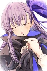 1girl :o absurdres black_coat bow closed_eyes coat facing_viewer fate/grand_order fate_(series) food hair_bow highres long_hair meltryllis_(fate) open_mouth pocky pocky_day pov pov_hands purple_hair sleeves_past_fingers sleeves_past_wrists solo_focus u_u white_background yagi_(yagi5art)