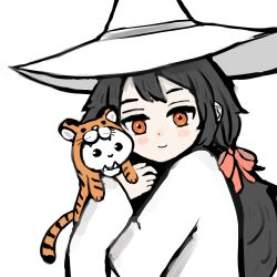 Rule 34 | 1girl, animal costume, animal print, black hair, blush, borrowed character, creature, dress, gregor (tsurunoka), hair ribbon, hat, highres, holding, holding creature, lead white (tsurunoka), long hair, long sleeves, looking at viewer, original, piondecay, red eyes, red ribbon, ribbon, simple background, smile, solo, tiger costume, tiger print, white background, white dress, white hat, witch hat