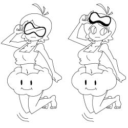 Rule 34 | 1girl, aliasing, breasts, character sheet, cleavage, cloud, female focus, goggles, lakitu, lineart, mario (series), midriff, minuspal, monochrome, navel, nintendo, short hair, simple background, sky, smile, solo, strapless, super mario bros. 1, tube top, white background