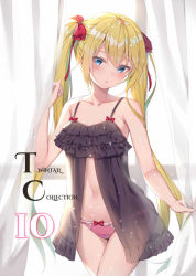 Rule 34 | 1girl, alexmaster, babydoll, bare arms, bare shoulders, blonde hair, blue eyes, bow, collarbone, cowboy shot, curtains, frills, gradient hair, hair between eyes, hair bow, hand up, holding, jpeg artifacts, lingerie, long hair, looking at viewer, multicolored hair, navel, original, panties, parted lips, pink panties, red bow, see-through, sidelocks, solo, spaghetti strap, stomach, twintails, underwear, underwear only, very long hair