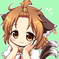 Rule 34 | 1girl, :3, animal ears, brown eyes, brown hair, cat ears, cat tail, chen, closed mouth, earrings, jewelry, multiple tails, nekomata, pila-pela, short sleeves, single earring, solo, tail, touhou, two tails