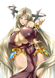 Rule 34 | 1girl, akino masoho, bare shoulders, black dress, bracelet, breasts, cleavage, commentary request, covered erect nipples, curvy, dress, grey hair, huge breasts, jewelry, lemegeton, long hair, looking at viewer, magika no kenshi to basileus, open mouth, orange eyes, pointy ears, smile, solo, tattoo, very long hair, wide hips