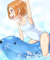 Rule 34 | 1girl, arm up, hair ornament, hairclip, highres, idolmaster, idolmaster cinderella girls, inflatable toy, one-piece swimsuit, open mouth, orange hair, outstretched arm, ryuzaki kaoru, short hair, smile, solo, swimsuit, teeth, upper teeth only, water, yama tatsuo