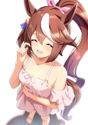Rule 34 | 1girl, absurdres, animal ears, arm under breasts, bare shoulders, blurry, blush, brown hair, brown tail, closed eyes, collarbone, dress, ear ornament, foot out of frame, from above, hair ribbon, hand up, highres, horse ears, horse girl, horse tail, long hair, multicolored hair, open mouth, pink dress, pink ribbon, ponytail, ribbon, short sleeves, simple background, solo, spaghetti strap, standing, streaked hair, sunny (20597521), tail, tokai teio (umamusume), umamusume, white background, white hair