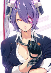 Rule 34 | 10s, 1girl, breasts, checkered necktie, cleavage, eyepatch, fingerless gloves, gloves, highres, infinote, kantai collection, large breasts, necktie, orange eyes, purple hair, short hair, solo, tenryuu (kancolle), upper body, yellow eyes