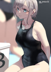 Rule 34 | 2girls, arms behind back, black one-piece swimsuit, blue eyes, blurry, blurry background, breasts, collarbone, commentary request, competition swimsuit, grey hair, hair between eyes, jonsun, looking away, medium breasts, multiple girls, one-piece swimsuit, original, parted lips, riku (jonsun), short hair, sitting, solo focus, swimsuit, thighs, twitter username, wet, wet hair