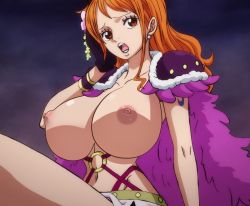 Rule 34 | 1girl, annoyed, breasts, brown eyes, cape, gloves, hair ornament, large breasts, nami (one piece), nipples, nude filter, one piece, open mouth, orange hair, outdoors, solo, tattoo, third-party edit, topless