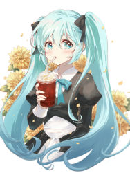 Rule 34 | 1girl, alternate costume, aqua bow, aqua bowtie, aqua eyes, aqua hair, black bow, black dress, blush, bow, bowtie, commentary request, cropped torso, cup, disposable cup, dress, drinking, drinking straw, flower, hair between eyes, hair bow, hand up, hatsune miku, highres, holding, holding cup, jokanhiyou, juliet sleeves, long hair, long sleeves, looking at viewer, petals, puffy sleeves, sidelocks, simple background, solo, upper body, very long hair, vocaloid, white background, yellow flower