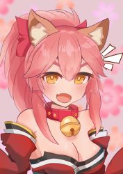Rule 34 | 1girl, ^^^, animal ear fluff, animal ears, artist request, bare shoulders, bell, blush, breasts, cleavage, collar, commentary, commentary request, detached sleeves, fang, fangs, fate/grand order, fate (series), fox ears, fox girl, hair ribbon, highres, jingle bell, large breasts, looking at viewer, neck bell, open mouth, pink hair, ponytail, red ribbon, ribbon, skin fang, solo, tamamo (fate), tamamo cat (fate), tamamo cat (first ascension) (fate), yellow eyes