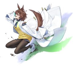 1girl absurdres agnes_tachyon_(umamusume) animal_ears black_pantyhose brown_hair highres holding holding_test_tube horse_ears horse_girl horse_tail lab_coat long_sleeves looking_at_viewer macciatto_(aciel02) open_mouth pantyhose short_hair sleeves_past_fingers sleeves_past_wrists solo squatting tail teeth test_tube umamusume upper_teeth_only white_footwear