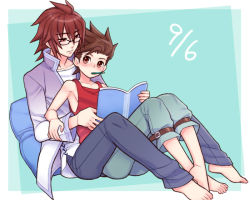 Rule 34 | 00s, 2boys, age difference, ahoge, bad id, bad pixiv id, barefoot, belt, bespectacled, book, brown eyes, brown hair, father and son, feet, folks (nabokof), full body, glasses, kratos aurion, lloyd irving, male focus, multiple boys, pants, pencil, pillow, red hair, red shirt, shirt, simple background, sitting, tales of (series), tales of symphonia