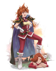 Rule 34 | 2girls, :d, armor, arqa, boots, brown hair, dota (series), dota 2, fang, gloves, hair over one eye, hands on own hips, jacket, knee boots, lina inverse, lina inverse (dota 2), long hair, looking at viewer, looking up, lying, multiple girls, name connection, on stomach, open mouth, pants, pauldrons, red eyes, red jacket, red pants, shoulder armor, simple background, slayers, sleeveless, sleeveless jacket, smile, white background, white footwear, white gloves