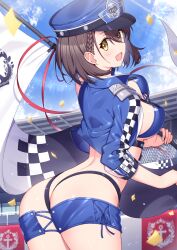 Rule 34 | 1girl, ass, azur lane, baltimore (azur lane), baltimore (finish line flagbearer) (azur lane), bikini, blue bikini, blue headwear, blue jacket, braid, breasts, brown hair, checkered clothes, checkered flag, chest harness, cropped jacket, flag, french braid, from behind, harness, highleg, highleg bikini, highres, holding, holding flag, holding pole, jacket, large breasts, looking at viewer, looking back, micro shorts, mismatched bikini, official alternate costume, open mouth, pole, race queen, short hair, shorts, smile, standing, swimsuit, t@ke-g, yellow eyes