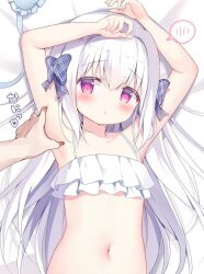 Rule 34 | 1boy, 1girl, :o, armpits, arms up, azumi kazuki, bare arms, bare shoulders, bed sheet, bikini, blue bow, blush, bow, collarbone, commentary request, hair between eyes, hair bow, hair intakes, long hair, male focus, original, parted lips, purple eyes, solo focus, spoken blush, swimsuit, translation request, upper body, very long hair, white bikini, white hair