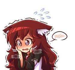 Rule 34 | 1girl, @ @, animal ear fluff, animal ears, blush, dress, embarrassed, flying sweatdrops, imaizumi kagerou, long sleeves, red eyes, red hair, simple background, solo, spoken blush, touhou, trembling, white background, wolf ears, wool (miwol)