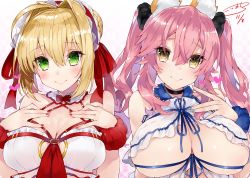 Rule 34 | 10s, 2girls, ahoge, animal ears, bad id, bad twitter id, bare shoulders, blonde hair, blush, breasts, brown eyes, choker, cleavage, commentary request, covered erect nipples, dated, detached collar, fate/extra, fate (series), fox ears, frills, green eyes, hair bun, hair ornament, hair ribbon, hair scrunchie, heart, kou mashiro, large breasts, long hair, looking at viewer, multiple girls, nail polish, nero claudius (fate), nero claudius (fate) (all), nero claudius (fate/extra), pink hair, ribbon, scrunchie, signature, simple background, single hair bun, smile, tamamo (fate), tamamo no mae (fate/extra), twintails, underboob, upper body, white background, wrist scrunchie