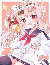 Rule 34 | 1girl, ahoge, atuudon, black sailor collar, black skirt, black thighhighs, blue archive, blush, buttons, cardigan, food, food on face, halo, heart, heart of string, highres, holding, holding spoon, long hair, long sleeves, natsu (blue archive), open mouth, parfait, pink hair, pink halo, pleated skirt, red eyes, sailor collar, side ponytail, skirt, smile, solo, spoon, thighhighs, white cardigan