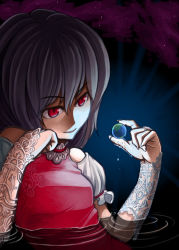 Rule 34 | 1girl, alternate costume, arm rest, bare shoulders, earth (planet), female focus, fingerless gloves, gloves, glowing, grey hair, highres, partially submerged, rapuka, red eyes, remilia scarlet, smile, solo, touhou, water