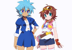 Rule 34 | 2girls, amano madoka, belt pouch, beyblade, blue eyes, blue hair, blue skirt, brown gloves, brown hair, closed mouth, cropped jacket, dark-skinned female, dark skin, female focus, fingerless gloves, flat chest, gloves, goggles, goggles on head, hair between eyes, hand on own hip, hasama hikaru, hood, hoodie, kaidou zx, metal fight beyblade, miniskirt, multiple girls, open clothes, open hoodie, pencil skirt, pink vest, pouch, purple eyes, shirt, short hair, short twintails, simple background, skirt, smile, standing, t-shirt, thighhighs, twintails, vest, white background, white shirt, white thighhighs