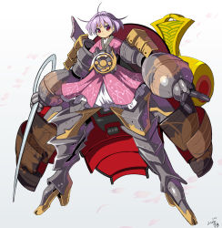 Rule 34 | 1girl, armor, commentary request, dated, frown, gradient background, greaves, grey background, hair intakes, highres, holding, holding needle, japanese armor, japanese clothes, kimono, kote, layered clothes, layered kimono, light purple hair, looking at viewer, miracle mallet, needle, no headwear, petals, pink kimono, red eyes, short hair, solo, sukuna shinmyoumaru, syope, touhou, white background
