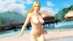 Rule 34 | 1girl, 3d, ball, beach, blonde hair, blue eyes, breasts, cleavage, dead or alive, dead or alive 5, godfather bikini, helena douglas, highres, large breasts, long hair, midriff, navel, ocean, official art, shell, shell bikini, solo, swimsuit, tecmo, underboob