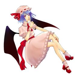 Rule 34 | 1girl, bat wings, blue hair, female focus, finger to mouth, full body, hat, highres, itsuki (itu-ki), crossed legs, mary janes, puffy short sleeves, puffy sleeves, red eyes, remilia scarlet, ribbon, shoes, short hair, short sleeves, sitting, smile, socks, solo, touhou, transparent background, wings