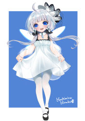 Rule 34 | 1girl, :d, aged down, ahoge, azur lane, black footwear, blue background, blue eyes, blue gemstone, blunt bangs, blush, choker, clothes lift, commentary request, crossed legs, dress, dress lift, fake wings, full body, gem, hachimitsu hinako, hair ornament, hat, lace-trimmed headwear, lace trim, little illustrious (azur lane), long hair, long sleeves, looking at viewer, low twintails, one-hour drawing challenge, open mouth, pantyhose, see-through, see-through sleeves, sidelocks, signature, silver hair, simple background, smile, solo, standing, tilted headwear, twintails, watson cross, white background, white dress, white hat, white pantyhose, wings