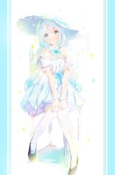 Rule 34 | 1girl, absurdres, aqua border, black footwear, blue bow, blue eyes, blue hair, border, bow, bowtie, chair, commentary request, dress, hat, highres, jerry3912, light blue hair, long hair, looking at viewer, off-shoulder dress, off shoulder, original, pantyhose, sitting, smile, solo, white dress, white hat, white pantyhose