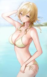 Rule 34 | 1girl, arm up, ass, bare arms, bikini, blonde hair, blurry, blurry background, blush, breasts, cleavage, cowboy shot, day, feather hair ornament, feathers, flower, from side, genshin impact, hair between eyes, hair flower, hair ornament, highres, huziko32, large breasts, lumine (genshin impact), navel, open mouth, outdoors, short hair with long locks, side-tie bikini bottom, solo, standing, stomach, string bikini, swimsuit, wet, yellow bikini