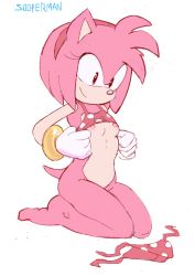 Rule 34 | 1girl, amy rose, animal ears, artist name, bare shoulders, barefoot, bikini, unworn bikini bottom, bikini top lift, bikini top only, bottomless, bracelet, breasts, brown eyes, clenched hands, closed mouth, clothes lift, female focus, full body, furry, furry female, gloves, hairband, happy, hedgehog ears, hedgehog girl, hedgehog tail, jewelry, kneeling, looking down, nipples, pink hair, polka dot, polka dot bikini, red bikini, red hairband, seiza, short hair, side-tie bikini bottom, sideways mouth, signature, simple background, sitting, small breasts, smile, snout, solo, sonic (series), sooperman, swimsuit, tail, thighs, white background, white gloves