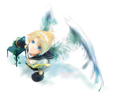 Rule 34 | 1boy, :|, angel wings, arm warmers, blonde hair, blue eyes, chair, closed mouth, eye reflection, from above, headphones, highres, kagamine len, looking up, male focus, necktie, plant, reflection, sailor collar, shirt, short sleeves, simple background, solo, t-shirt, vines, vocaloid, wings