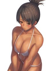 Rule 34 | 1girl, bare shoulders, bikini, blush, breasts, brown hair, cleavage, closed mouth, collarbone, commentary request, dark-skinned female, dark skin, from above, lips, long hair, looking at viewer, medium breasts, navel, original, ponytail, ranma (kamenrideroz), simple background, solo, swimsuit, white background, white bikini, yellow eyes