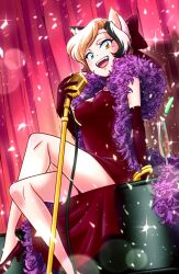 Rule 34 | animal ears, bare legs, bea.r, calico, cat ears, cat girl, crossed legs, dress, elbow gloves, feather boa, gloves, heterochromia, highres, instrument, looking at viewer, microphone, mino (webtoon), music, original, piano, red dress, singing, sitting