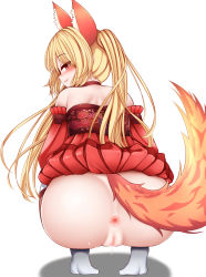 Rule 34 | 1girl, animal ears, anus, ass, bad id, bad pixiv id, bare shoulders, blonde hair, blush, brown eyes, censored, clothes lift, detached sleeves, dog ears, dog tail, dress, dress lift, elin, female focus, from behind, highres, long hair, looking at viewer, looking back, mapar, mosaic censoring, naughty face, no panties, profile, pussy, pussy juice, simple background, smile, socks, solo, squatting, strapless, strapless dress, tail, tera online, twintails, very long hair, white background