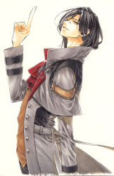 Rule 34 | 1boy, ascot, black hair, black pants, border, brown vest, capelet, coat, fading border, from side, grey capelet, grey coat, hand up, highres, index finger raised, lapel pin, long sleeves, looking at viewer, looking to the side, male focus, medium hair, monocle, nijisanji, open clothes, open coat, pants, parted bangs, parted lips, red ascot, shellin burgundy, simple background, smile, solo, trench coat, vest, virtual youtuber, white background, white border, yellow eyes, yukot