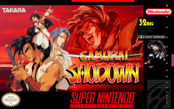 1990s_(style) 1girl 3boys amakusa_shirou_tokisada cover game game_console haoumaru multiple_boys nakoruru oobari_masami red_hair retro_artstyle samurai_spirits super_nintendo tachibana_ukyou