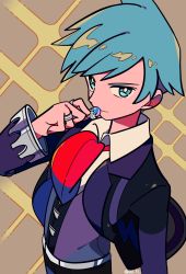 Rule 34 | 1boy, aqua eyes, aqua hair, belt, bright pupils, chueog, closed mouth, collared shirt, creatures (company), game freak, hand up, highres, holding, jacket, jewelry, long sleeves, male focus, necktie, nintendo, open clothes, open jacket, pants, pokemon, pokemon oras, red necktie, ring, shirt, short hair, smile, solo, steven stone, vest, white pupils, white shirt