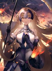 Rule 34 | 1girl, absurdres, ahoge, blonde hair, blue eyes, breasts, chain, cloud, dusk, fate/apocrypha, fate/grand order, fate (series), fire, flag, headpiece, highres, holding, holding flag, holding weapon, iiiroha, jeanne d&#039;arc (fate), jeanne d&#039;arc (ruler) (fate), jeanne d&#039;arc (third ascension) (fate), jeanne d&#039;arc alter (avenger) (fate), jeanne d&#039;arc alter (fate), large breasts, long hair, looking at viewer, multicolored eyes, sky, smile, solo, weapon, yellow eyes