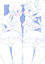 Rule 34 | 2girls, ass, bent over, blue theme, blush, commentary, cropped shirt, denim, denim shorts, frilled shirt, frills, from behind, glasses, hair ribbon, halterneck, hanasaki tsubomi, heartcatch precure!, highres, in-franchise crossover, leaning forward, long hair, long sleeves, looking at viewer, looking back, low twintails, lowleg, lowleg shorts, micro shorts, miyagoe yoshitsuki, monochrome, multiple girls, natsuumi manatsu, off-shoulder shirt, off shoulder, open mouth, outside border, panties, precure, ribbon, rimless eyewear, round eyewear, in-franchise crossover, shirt, shorts, side-by-side, side ponytail, smile, standing, t-shirt, tropical-rouge! precure, twintails, underwear, v