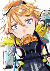 Rule 34 | 1boy, absurdres, alostcable, blonde hair, blue eyes, croissant, food, food in mouth, goggles, goggles on head, hair between eyes, headphones, headphones around neck, highres, hood, hood down, looking at viewer, male focus, nijisanji, nijisanji en, short hair, simple background, solo, upper body, virtual youtuber, white background, yu q. wilson