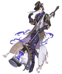 Rule 34 | 1boy, black gloves, bow, bowtie, formal, full body, glasses, gloves, hameln (sinoalice), harp, hat, holding, holding staff, instrument, ji no, looking at viewer, male focus, official art, purple hair, red eyes, shirt, sinoalice, solo, staff, suit, top hat, transparent background, vest