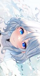 Rule 34 | 1girl, absurdres, artist name, blue eyes, blush, closed mouth, commentary request, facing viewer, furina (genshin impact), genshin impact, high collar, highres, long hair, mismatched pupils, portrait, smile, solo, tearing up, water, water drop, white hair, yshnc22