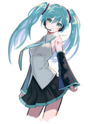 Rule 34 | 1girl, aqua eyes, aqua hair, aqua necktie, bare shoulders, black skirt, black sleeves, chinese commentary, commentary, cowboy shot, cropped legs, detached sleeves, grey shirt, hair ornament, hatsune miku, headphones, headset, highres, long hair, looking at viewer, miniskirt, mixed-language commentary, necktie, nisokurui, pleated skirt, shirt, shoulder tattoo, simple background, skirt, sleeveless, sleeveless shirt, smile, solo, standing, tattoo, twintails, twitter username, very long hair, vocaloid, white background