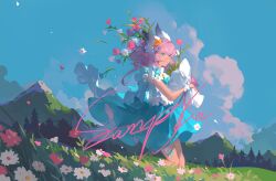 Rule 34 | 1girl, absurdres, animal ears, blue dress, blue eyes, blue sky, bouquet, closed mouth, clothes lift, cloud, commentary, daisy, dress, dress flower, dress lift, eyelashes, feet out of frame, field, flower, flower field, frilled sleeves, frills, grass, hair flower, hair ornament, highres, holding, holding bouquet, leaf, light frown, looking ahead, mountainous horizon, original, petals, pine tree, pink flower, pink hair, pink rose, rose, sample watermark, short dress, short hair with long locks, short sleeves, sky, solo, symbol-only commentary, tail, tree, watermark, white flower, white wrist cuffs, wolf ears, wolf tail, wrist cuffs, yellow flower, yunouou10
